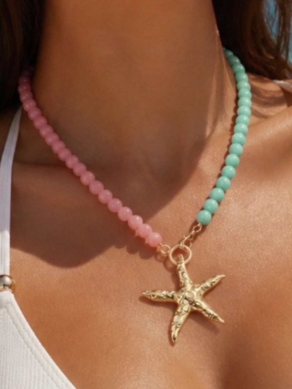 Starfish Chunky Coral & Aqua Beaded Necklace Beach Must Have